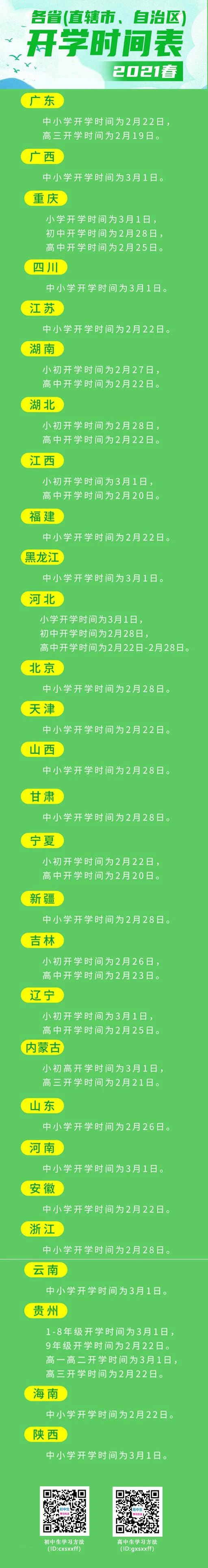 2021全國各?。▍^、市）中小學開學時間一覽表匯總（及時更新）